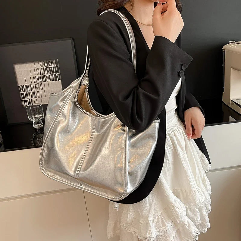 Silver TPU Large Capacity Tote Bag – Luxury Business Shoulder Handbag for Women