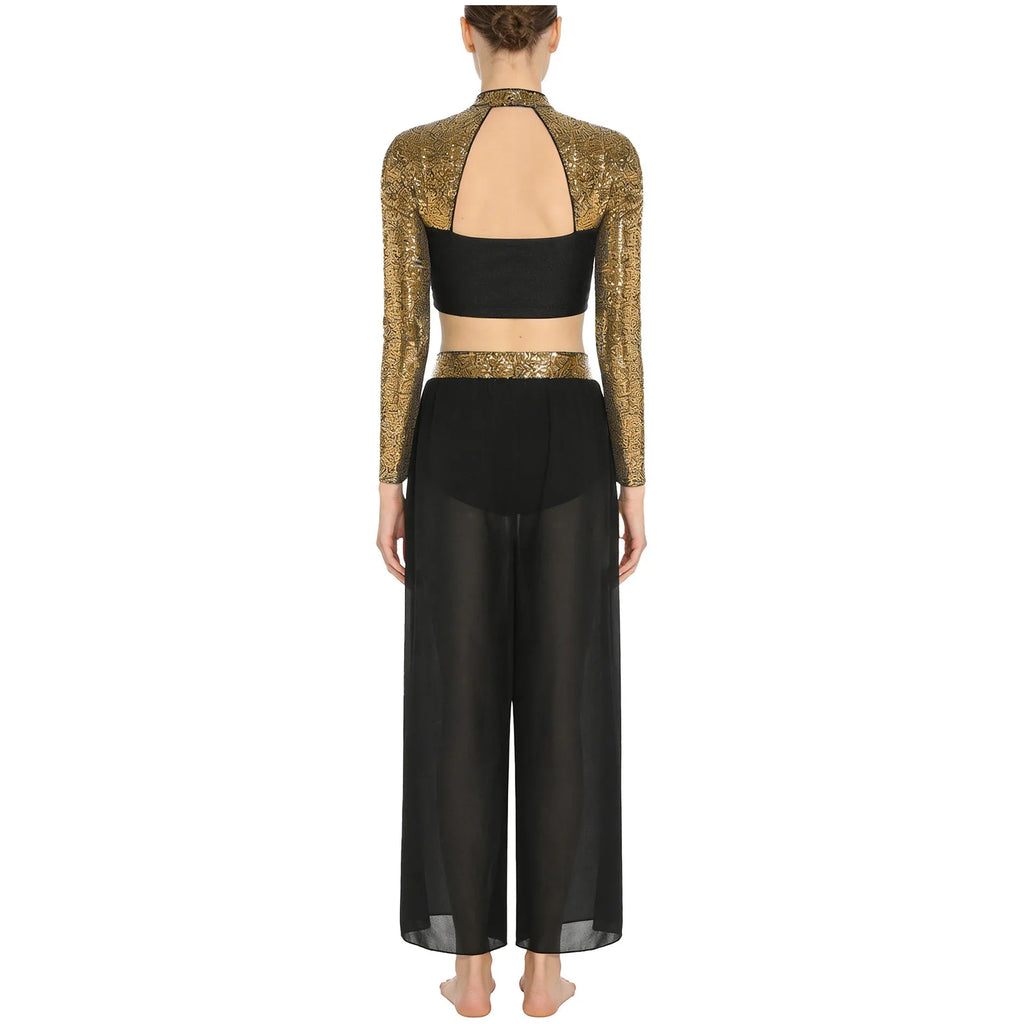 Women's Dance Performance Costume – Shiny Crop Top & Sheer Pants for Skating, Gymnastics & Ballet