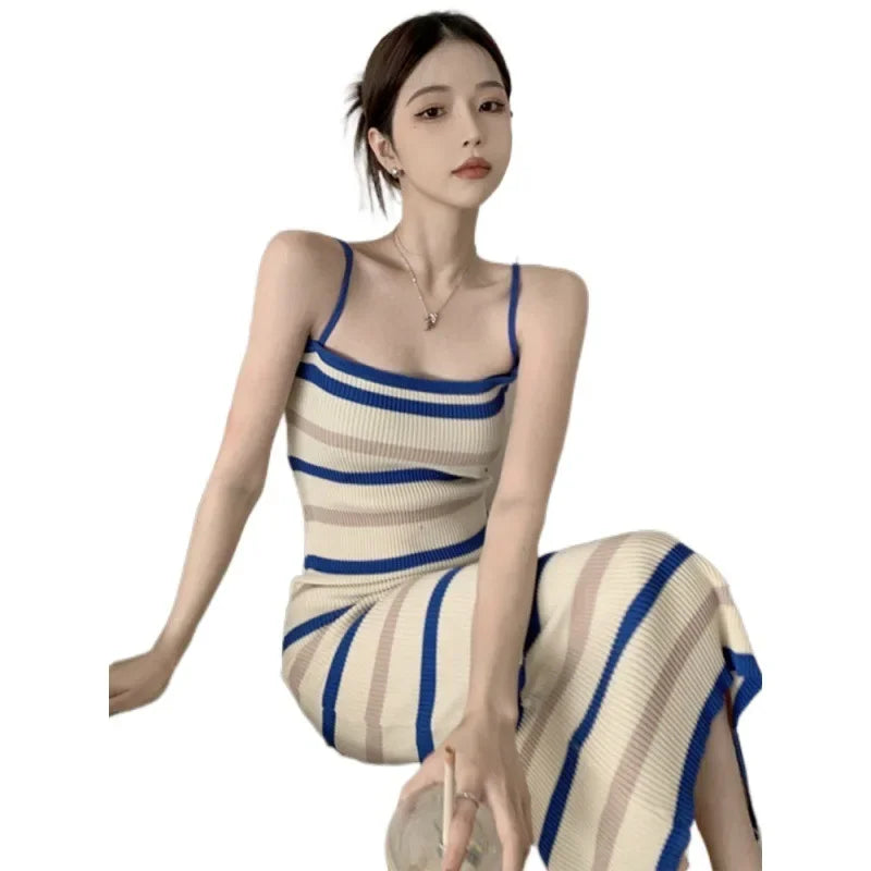 Elegant Camisole Knitted Striped Midi Dress – Sleeveless Slim Fit Summer Dress