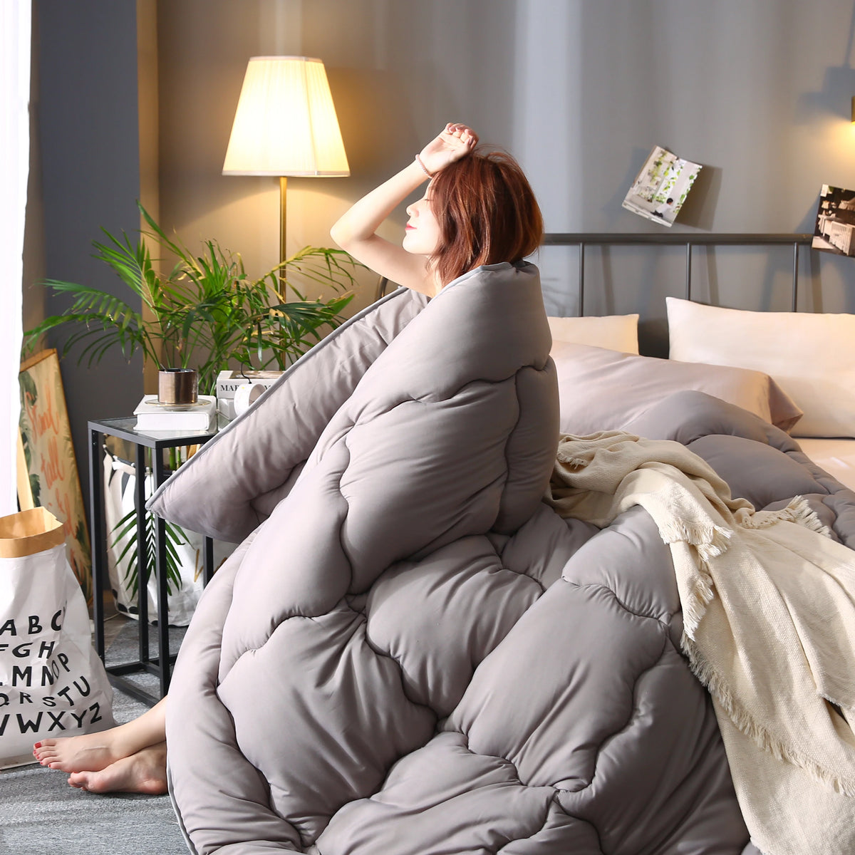 Thick Winter Hotel Quilt Comforter – Grey Quilted Blanket, Queen & King, 220x240cm