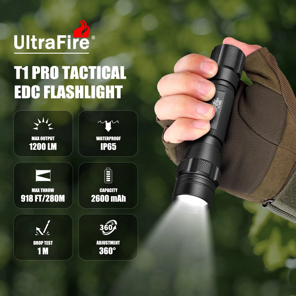 UltraFire T1 Pro Tactical Flashlight – 1200 Lumen, 5 Modes, W66 Belt Holster, IP65, 18650 Rechargeable