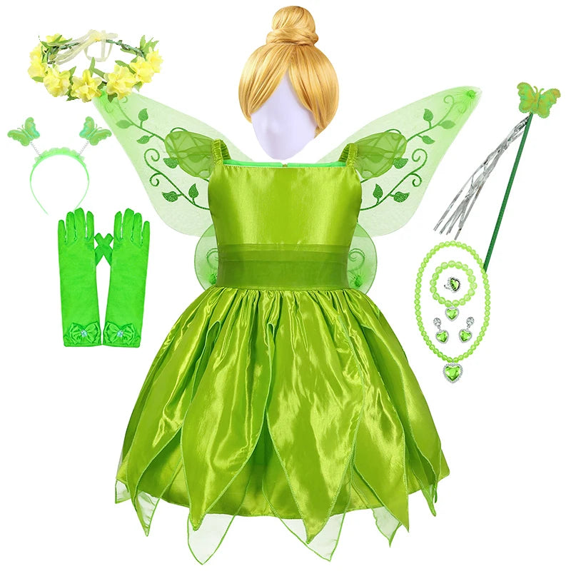 Tinkerbell Fairy Princess Dress — Green Elf Costume with Wings for Girls