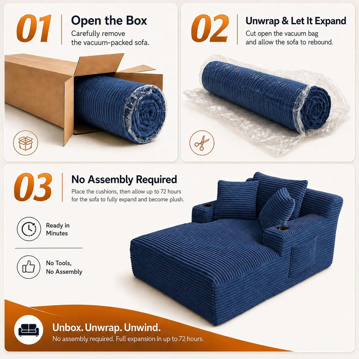 66-Inch Corduroy Chaise Lounge with 3 Pillows