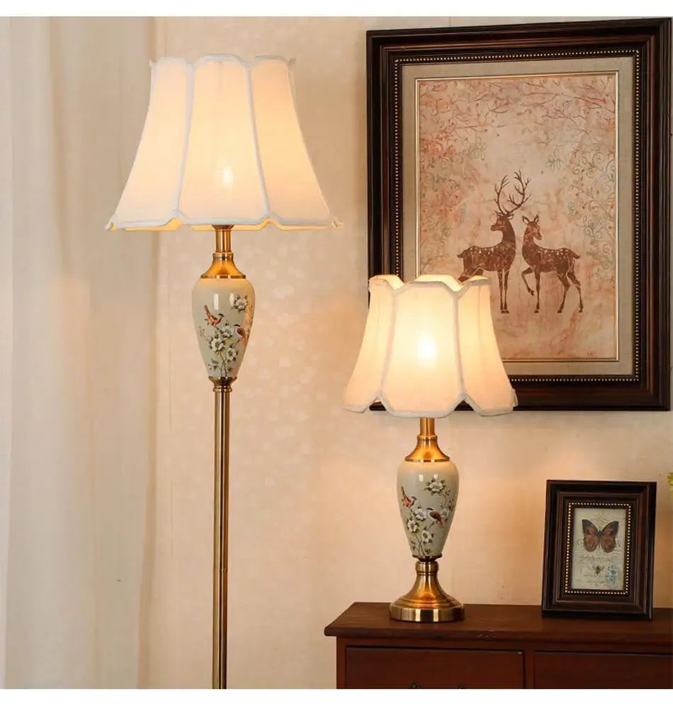 Ceramic Floor Lamp – Fabric Shade & LED Lighting