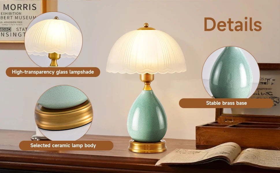 Green Ceramic Table Lamp – Scalloped Glass Shade