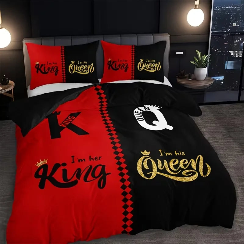 Couples Bedding Set – 3-Piece Letter Print Duvet Cover, Queen & King, Lovers & Spouses