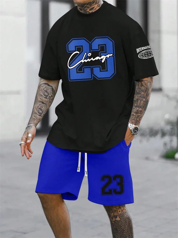 Men's Digital Print Crewneck T-Shirt & Drawstring Shorts Set