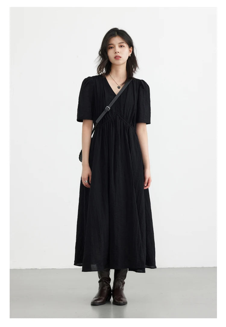 CHIC VEN Women Dresses French Style Vintage V-neck Puff Sleeve Long Dress Solid Black Loose Female Clothing Summer New 2023