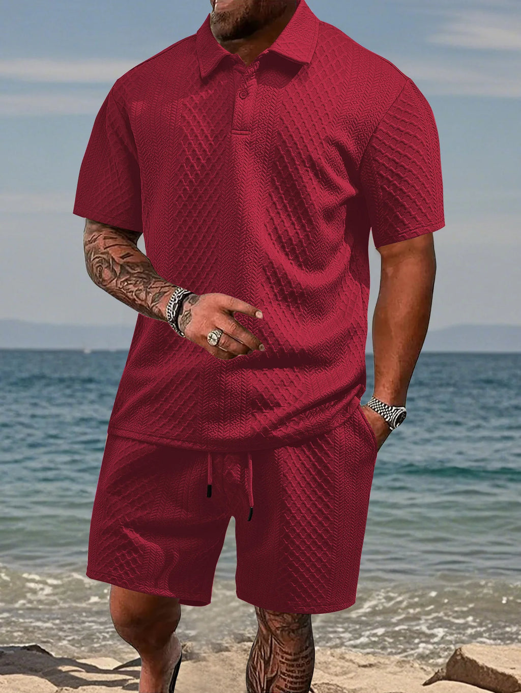 Men's Jacquard Polo Shirt & Drawstring Shorts Casual Summer 2-Piece Set