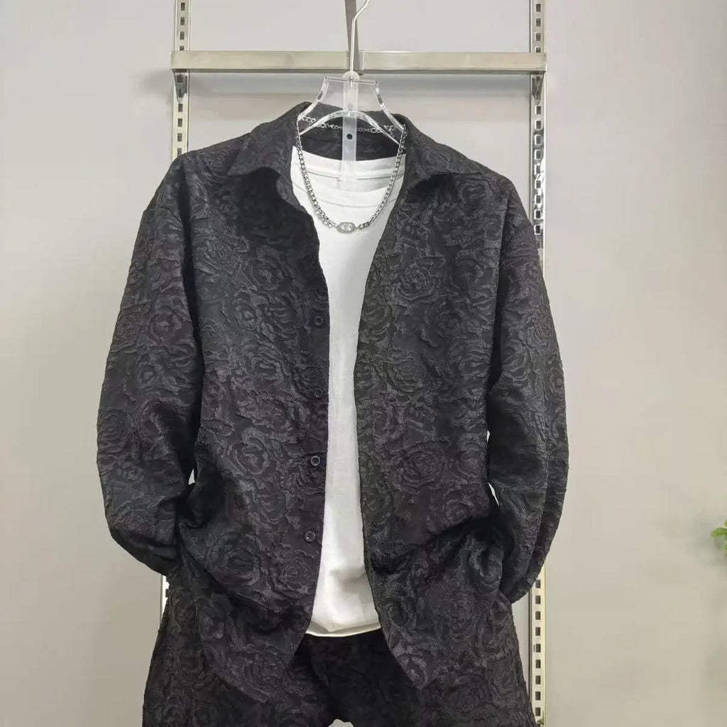 Men's Sporty Lapel Jacquard Long Sleeve Shirt & Pants 2-Piece Set – Spring Autumn Fashion