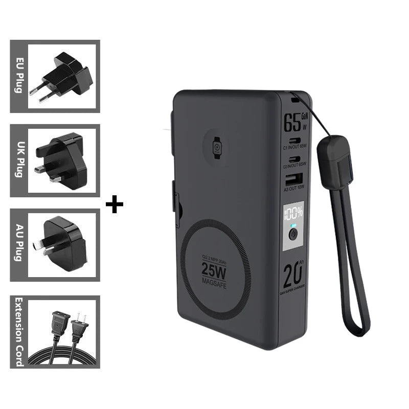 65W GaN 6-in-1 Power Bank with Qi2.2 25W Magnetic Wireless Charging for iPhone, Apple Watch & Laptop