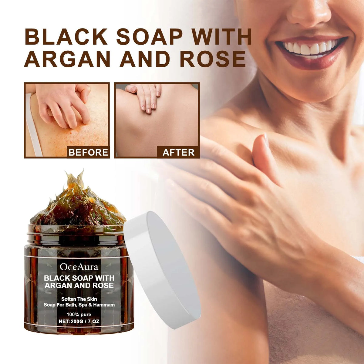 OceAura Black Soap with Argan & Rose – Beldi Dead Skin Remover, Body Scrub & Deep Cleansing, 200g