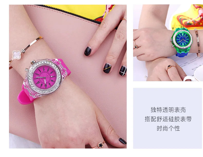 LED Luminous Flash Rhinestone Watch | Kids Men Women Silicone Fashion Wristwatch