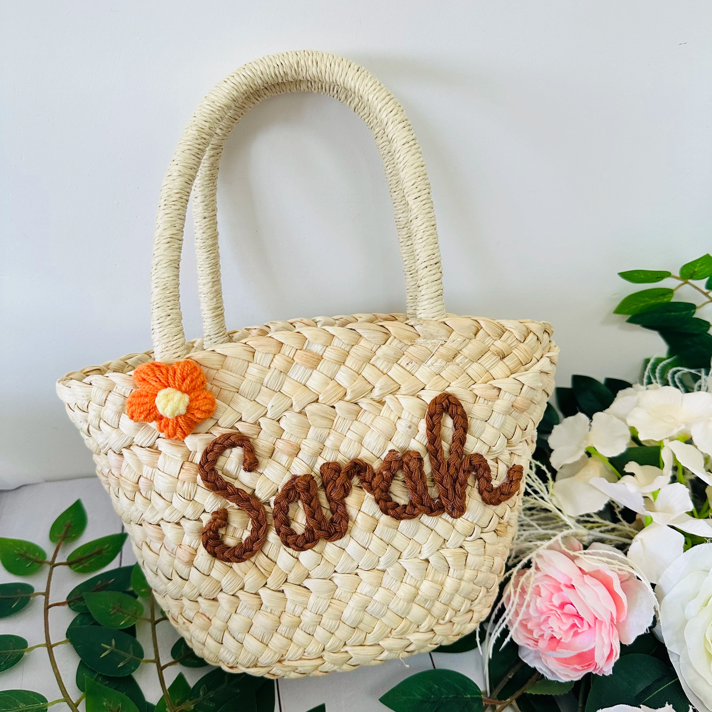 Personalized Handmade Straw Linen Tote Bag – Custom Name Bridesmaid Flower Girl Beach Bridal Party Gift Bag