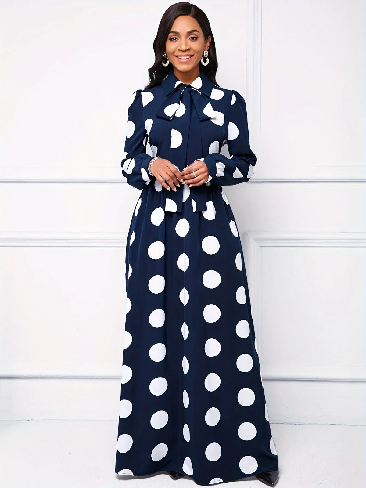 Bow Knot Polka Dot Maxi Dress — Long Sleeve Elegant Casual Lady Dress