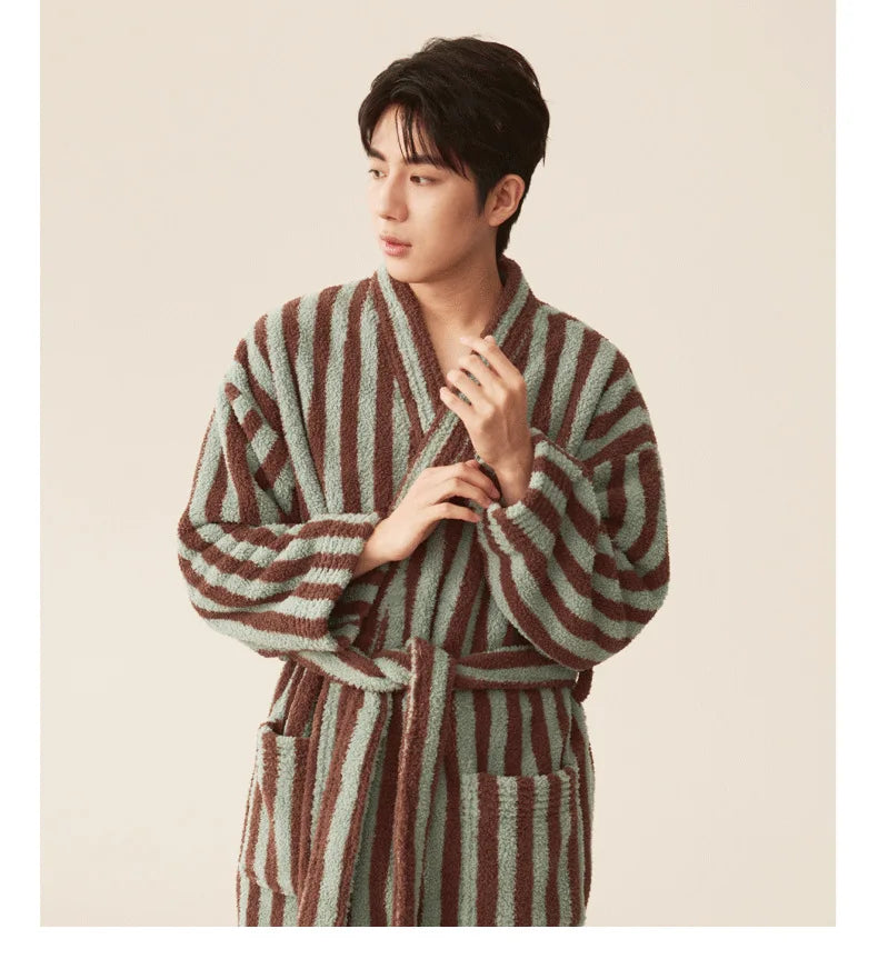 Women's Coral Velvet Striped Fleece Robe | Thick Plush Dressing Gown Loungewear