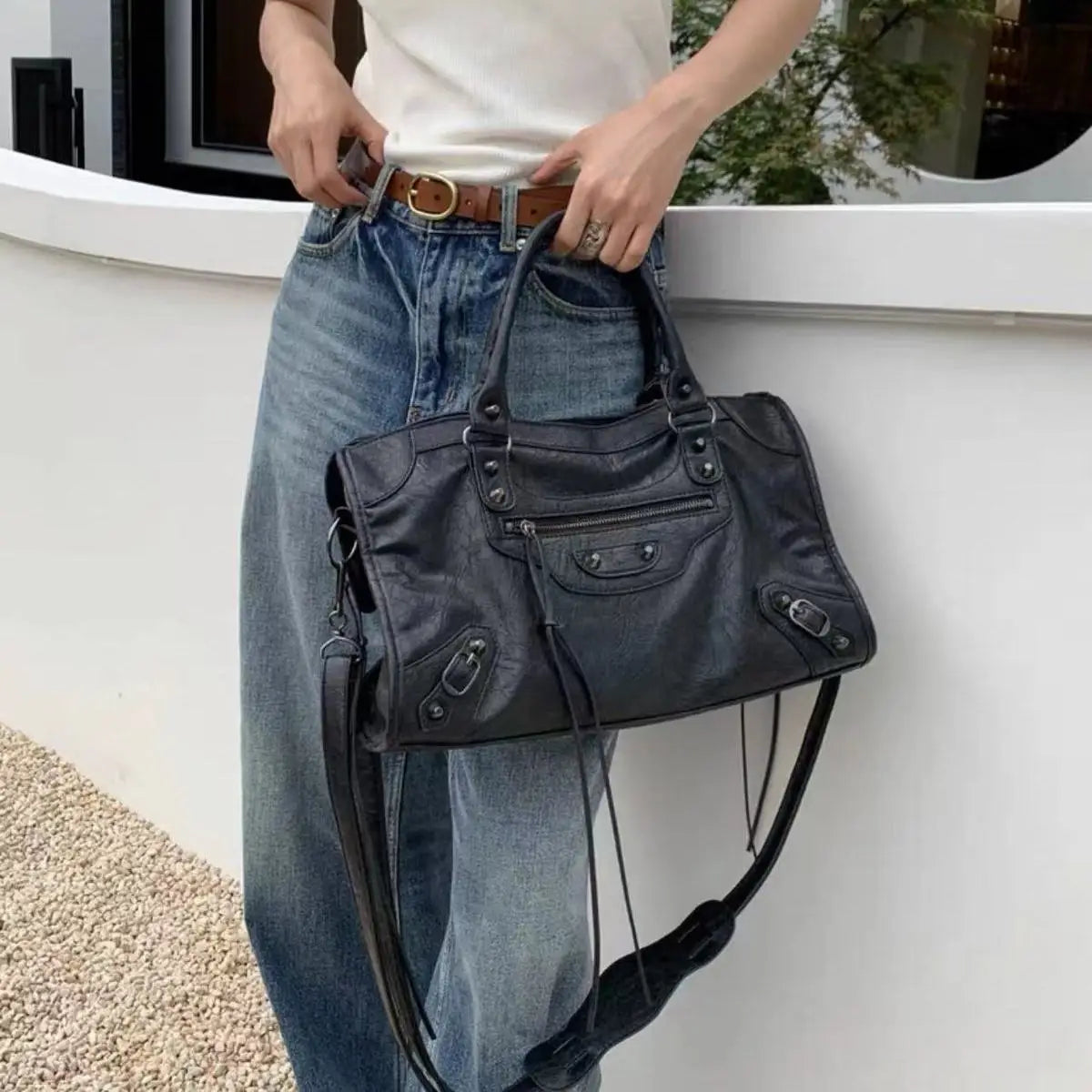 Y2K Motorcycle Crossbody Bag – Trendy PU Leather City Tote & Shoulder Handbag for Women