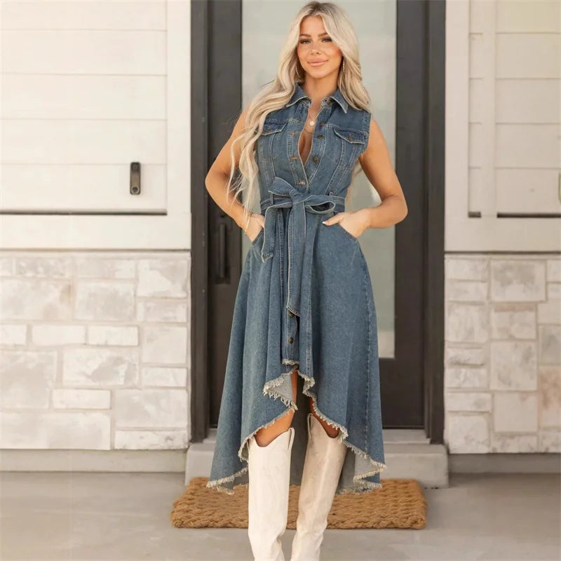 Denim Dresses For Women Sleeveless Sexy Irregular Girl Fashion A-Line Long Tunic Dress Lady Lace-Up Female Jeans Clothes