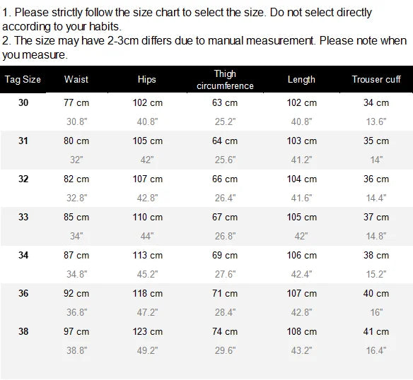 A size chart table with columns for Tag Size, Waist, Hips, Thigh circumference, Length, and Trouser cuff, showing measurements from 30 to 38 in centimeters and inches.