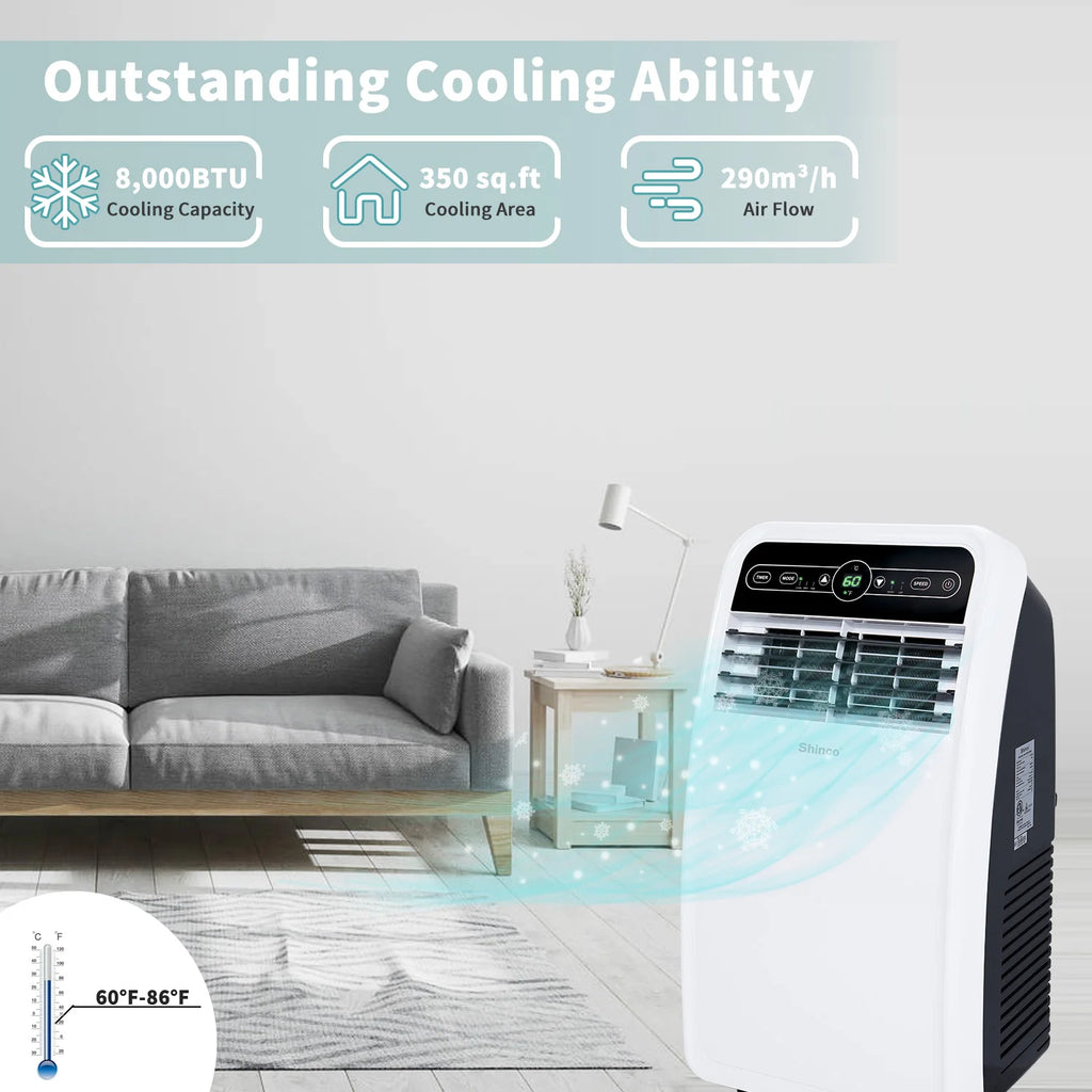 Shinco 8,000 BTU Portable Air Conditioner — 3-in-1 Cool, Dehumidifier & Fan for Rooms up to 350 sq ft