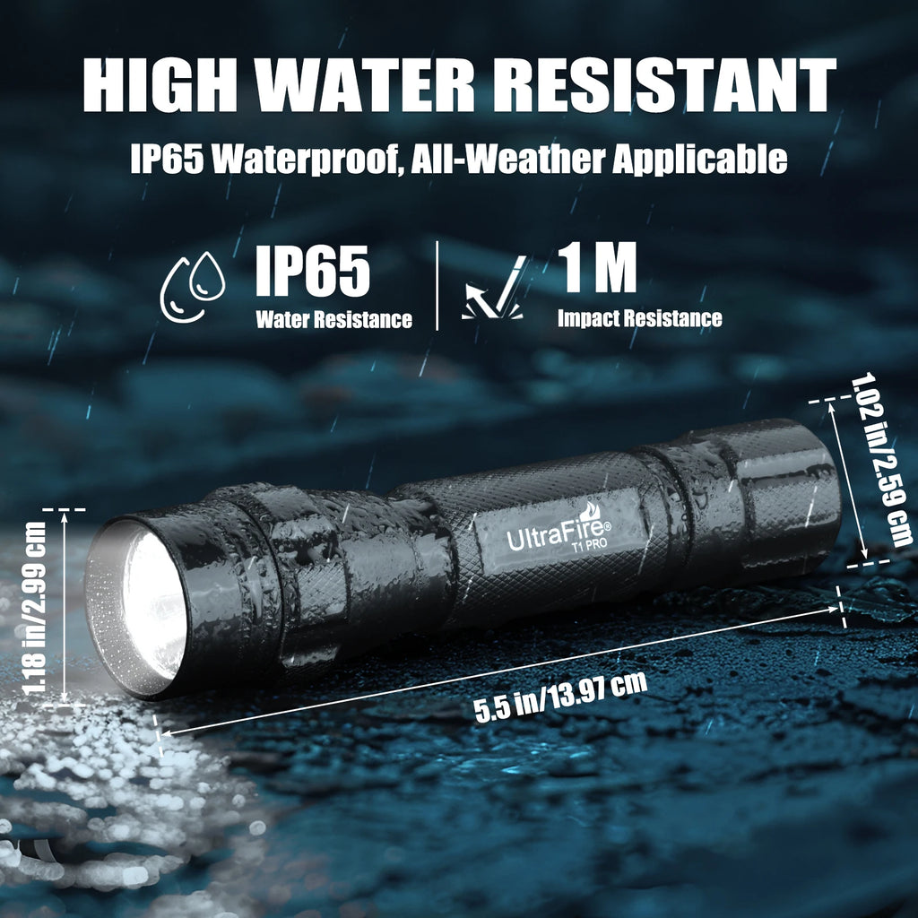 UltraFire T1 Pro Tactical Flashlight – 1200 Lumen, 5 Modes, W66 Belt Holster, IP65, 18650 Rechargeable