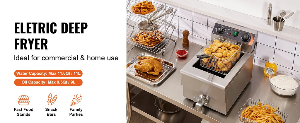SucceBuy Commercial Electric Deep Fryer — 9.5Qt Stainless Steel Countertop Fryer with Basket, Timer & Temp Control