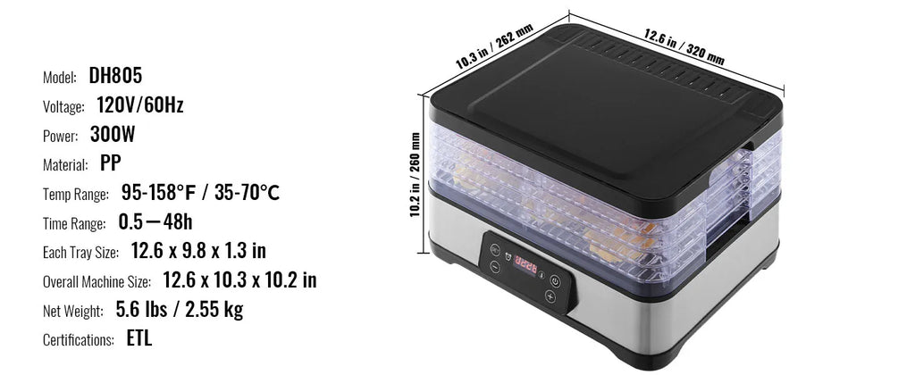 5-Tray Food Dehydrator 300W — Stainless Steel with Digital Timer & Adjustable Temperature