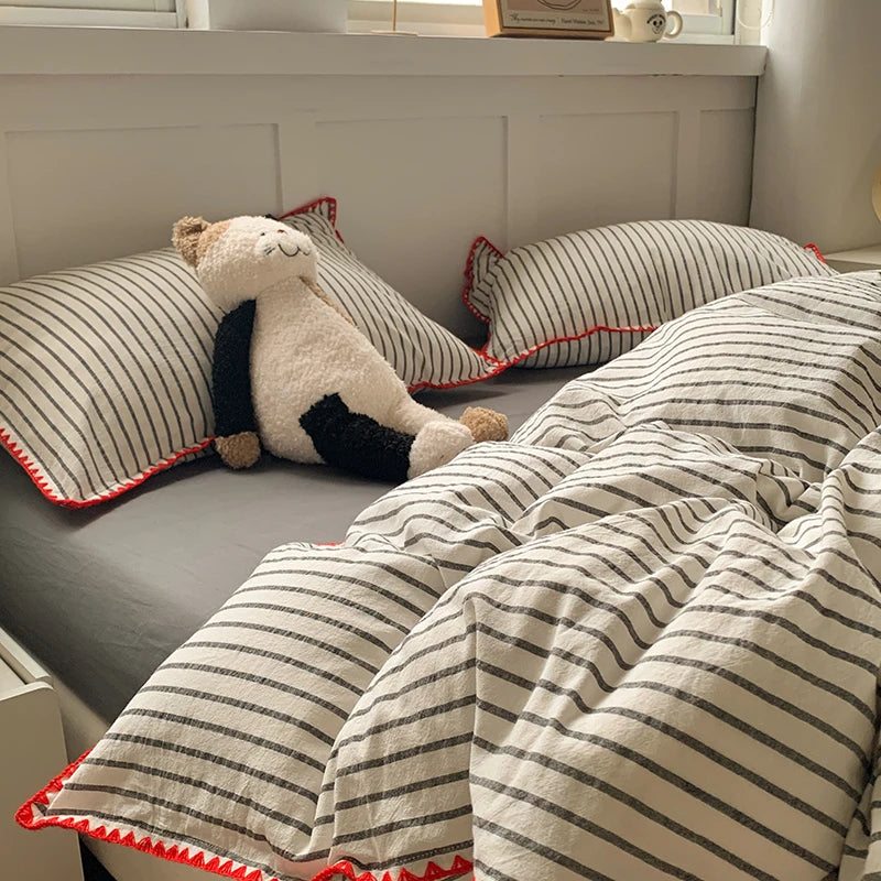 100% Cotton Stripe Duvet Cover Set – Washed 3-Piece Bedding with 2 Pillowcases, 6 Colors & 3 Sizes