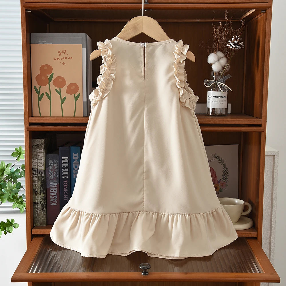 Korean Sleeveless Pleated Girls Dress — Solid Color Round Neck Summer Kids Dress