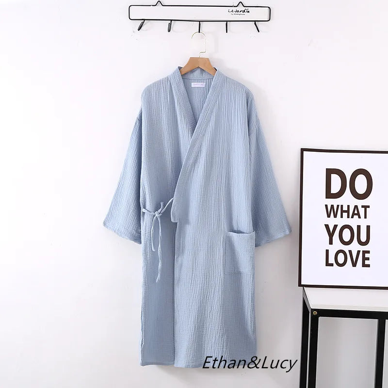 Couples 100% Cotton Crepe Gauze Robe | Long-Sleeve V-Neck Kimono Wedding Bathrobe