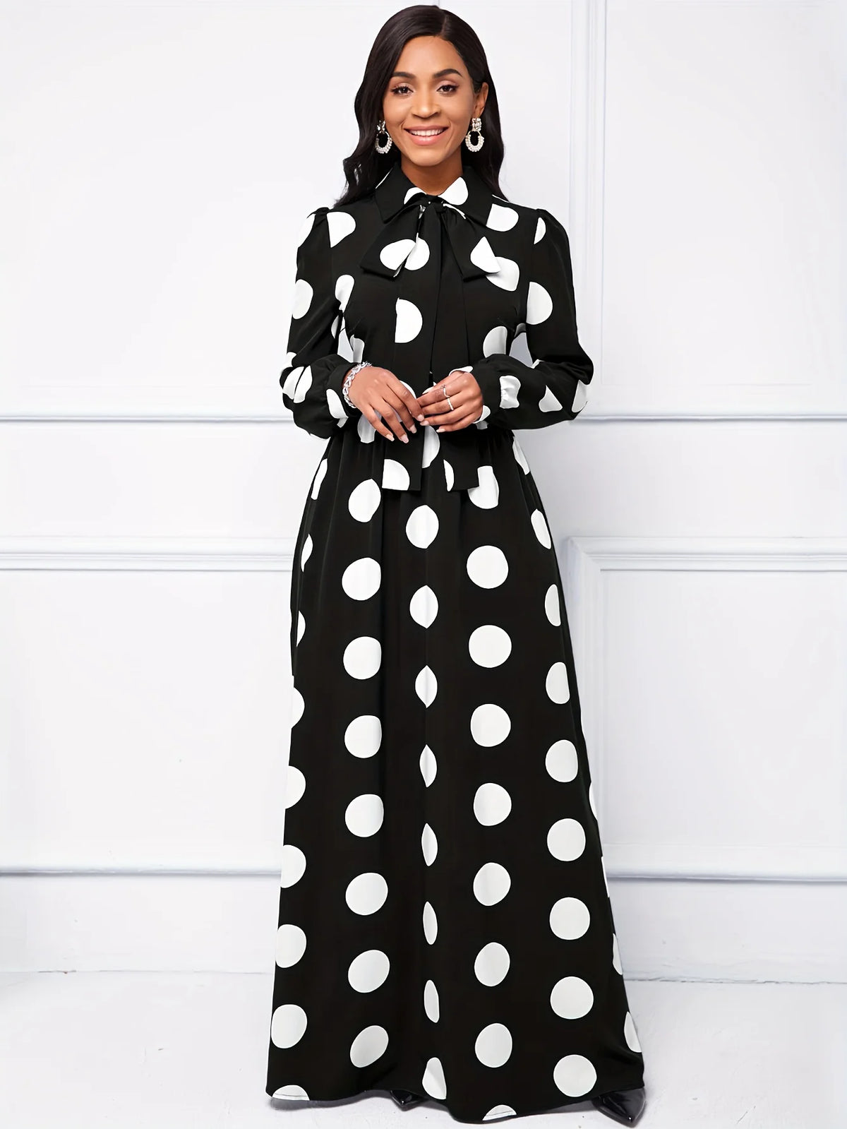 Bow Knot Polka Dot Maxi Dress — Long Sleeve Elegant Casual Lady Dress