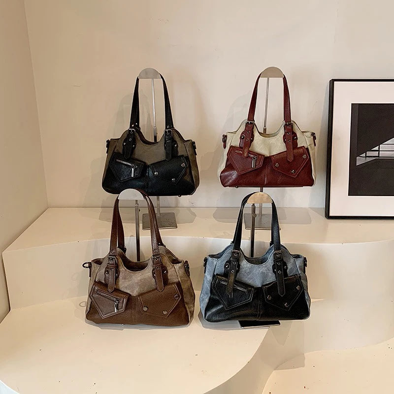 Retro Color-Block Satchel Shoulder Bag – European Style PU Leather Tote Handbag for Women