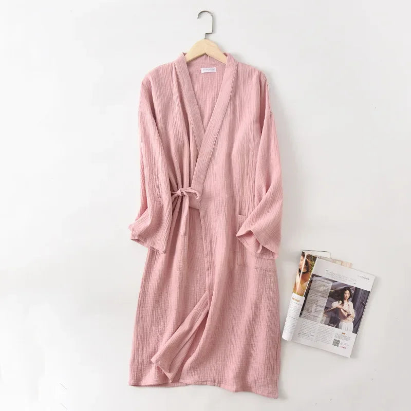 Couples 100% Cotton Crepe Gauze Robe | Long-Sleeve V-Neck Kimono Wedding Bathrobe
