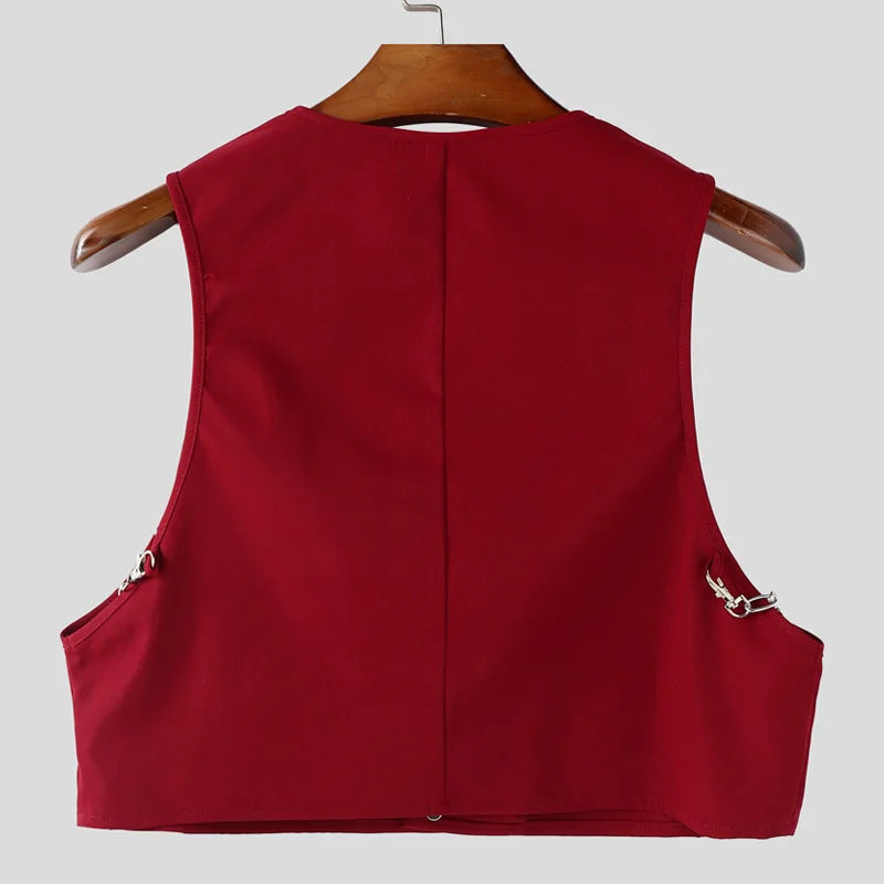 INCERUN Men's V-Neck Sleeveless Crop Vest — Solid Color Streetwear Waistcoat