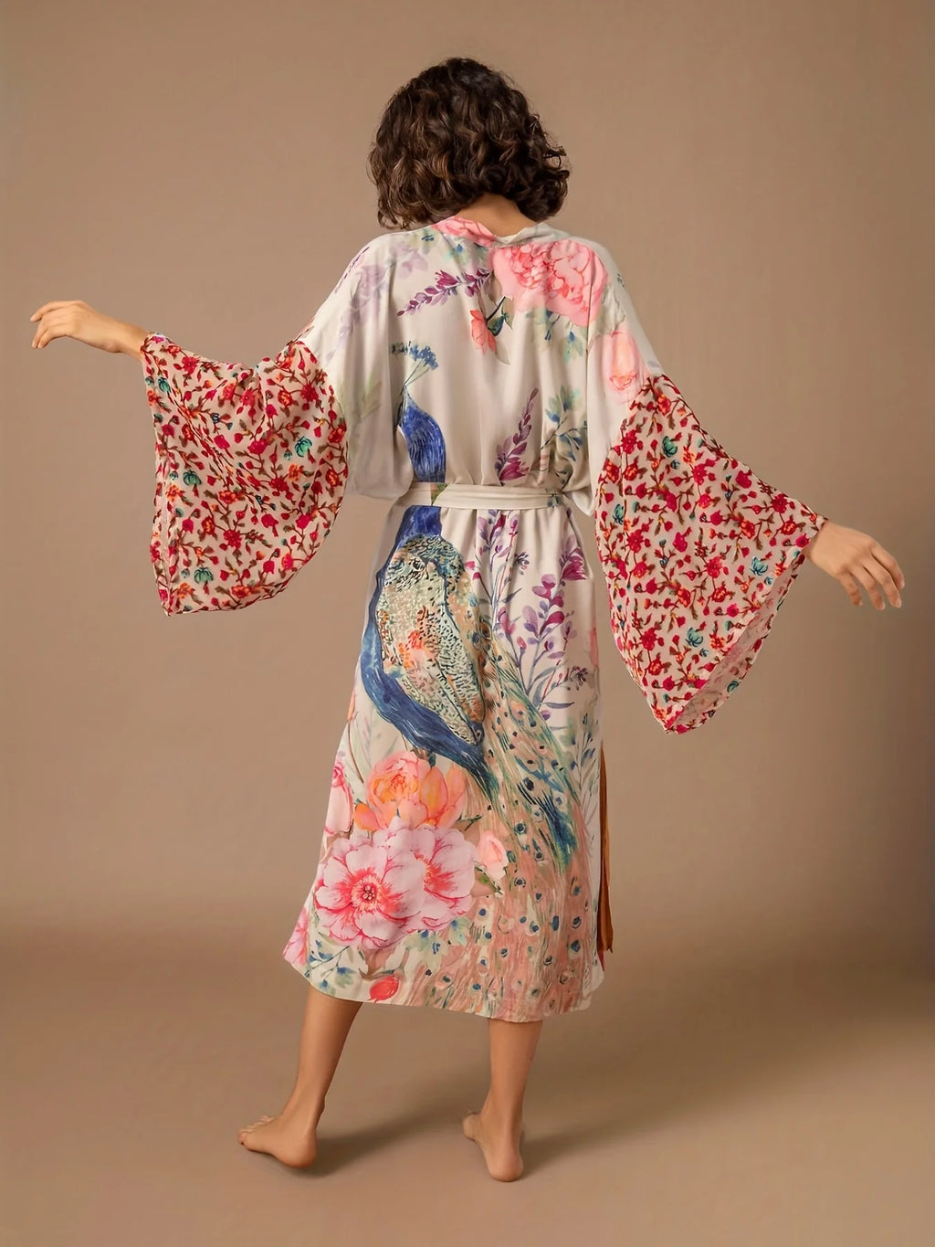 Peacock Print Beach Kimono Cover-Up — Self-Belted Wrap Dress Swimsuit Cover