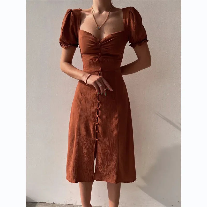 V-Neck Puff Sleeve High Waist Split Midi Dress — Elegant Single-Breasted Solid Dress
