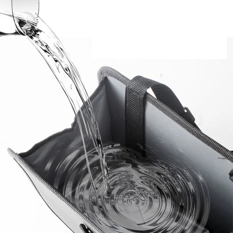 Waterproof bag with water being poured into it, text about fabric quality.