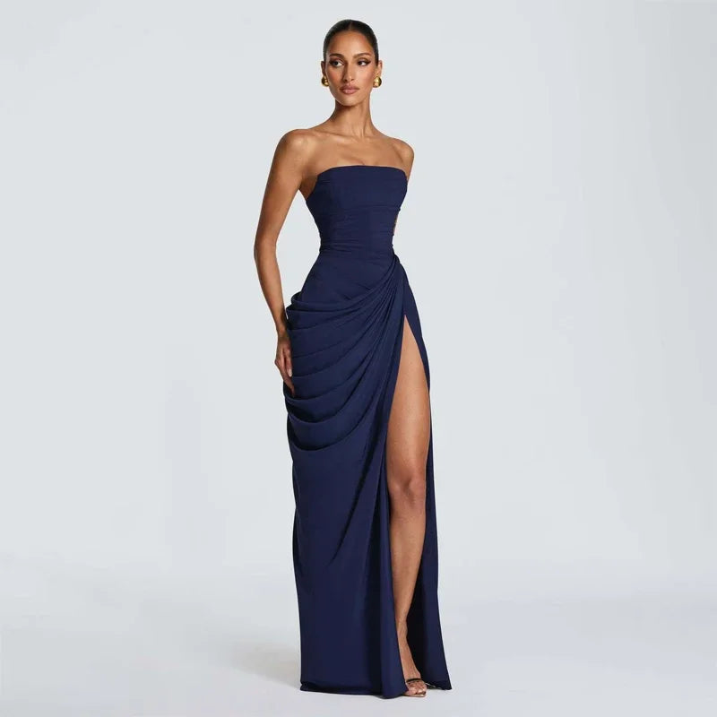 Sexy Strapless Pleated Maxi Dress – Off-Shoulder Backless High Waist Split Evening Party Gown