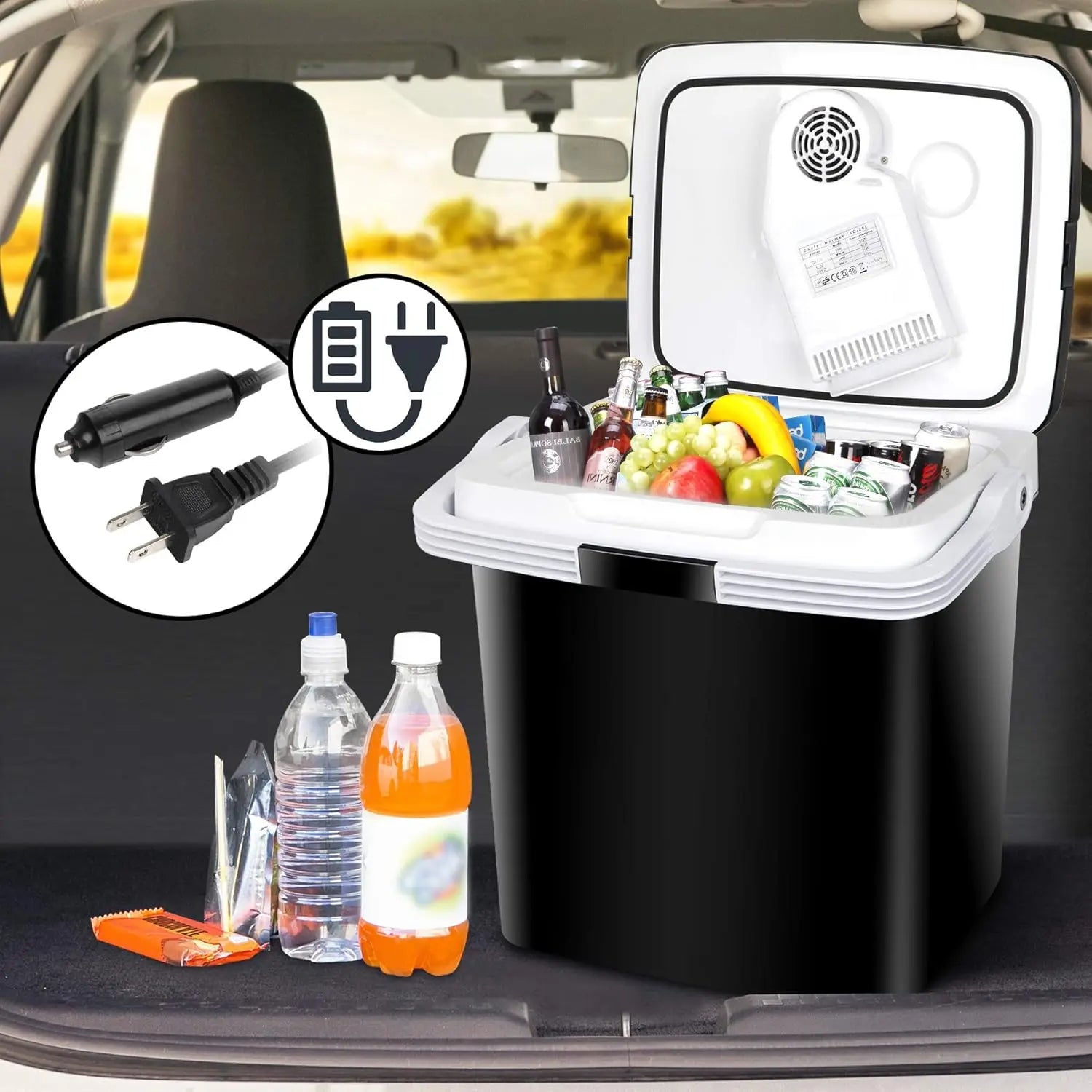 Portable 12V DC Car Refrigerator — 28 Quart Electric Cooler & Warmer with Auto Locking Handle for Travel & Camping