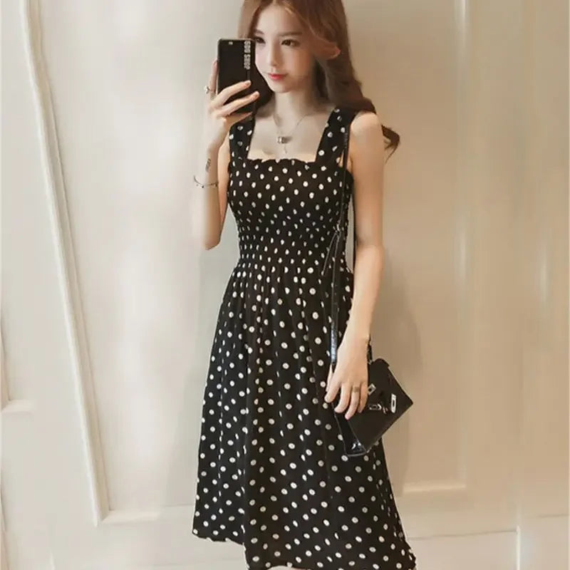 Polka Dot Square Neck Chiffon Maxi Dress — Sleeveless Elegant Long Dress
