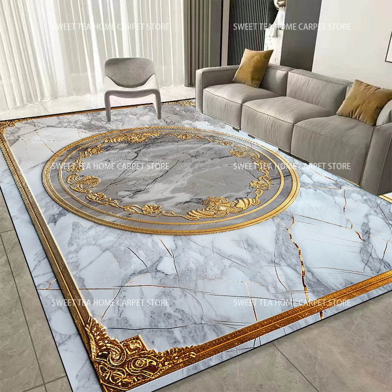 Modern Golden Frame Luxury Carpet – Washable Large Area Rug for Living Room & Bedroom