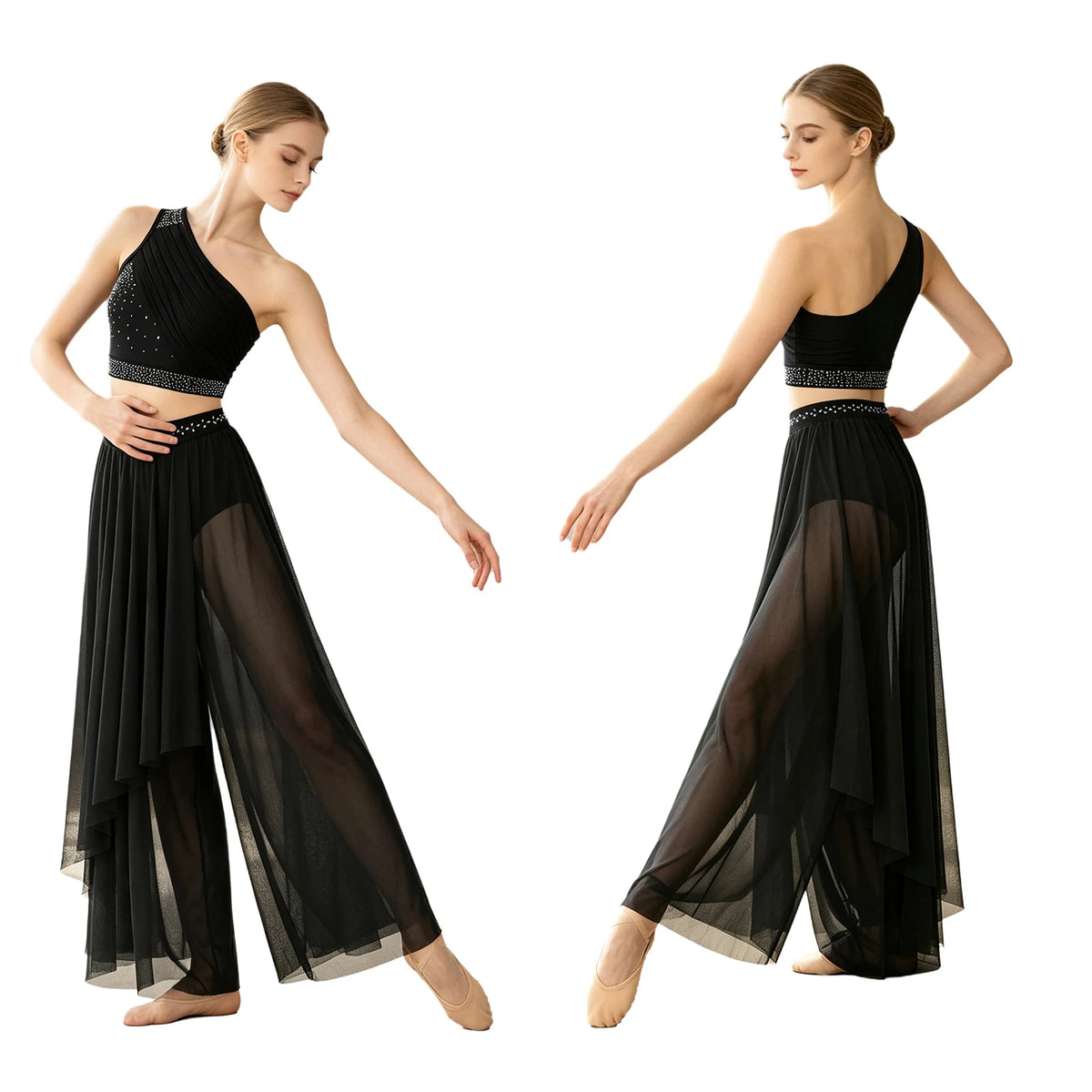 Women's Dance Performance Costume – Shiny Crop Top & Sheer Pants for Skating, Gymnastics & Ballet