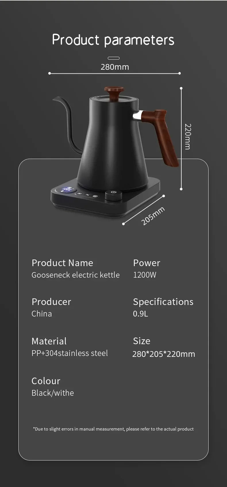 900ml Electric Gooseneck Kettle – 1200W, Stainless Steel, Temperature Control for Coffee & Tea