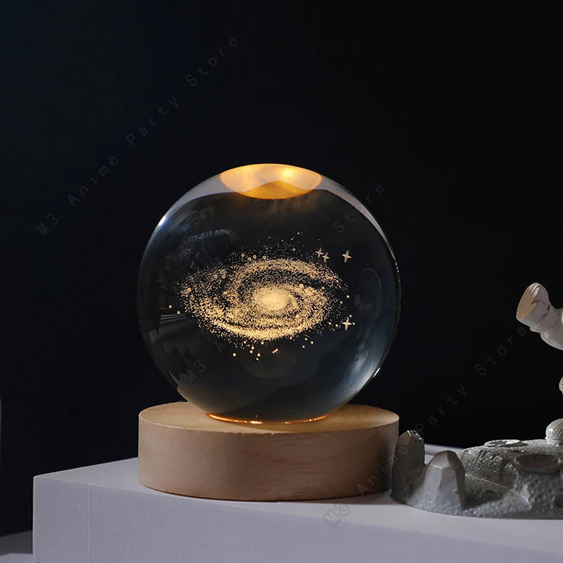 3D Crystal Ball Night Light — LED Galaxy Lamp (Saturn, Moon, Solar System) Birthday Gift