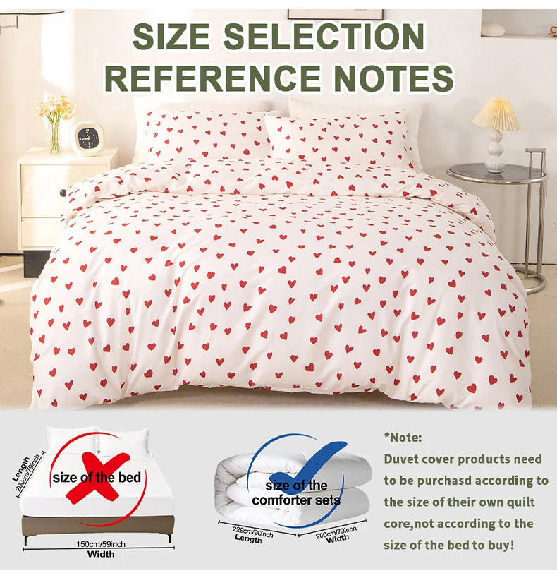 Red Heart Print Duvet Cover Set – 3-Piece Soft Skin-Friendly Bedding with Pillowcases, Twin to King