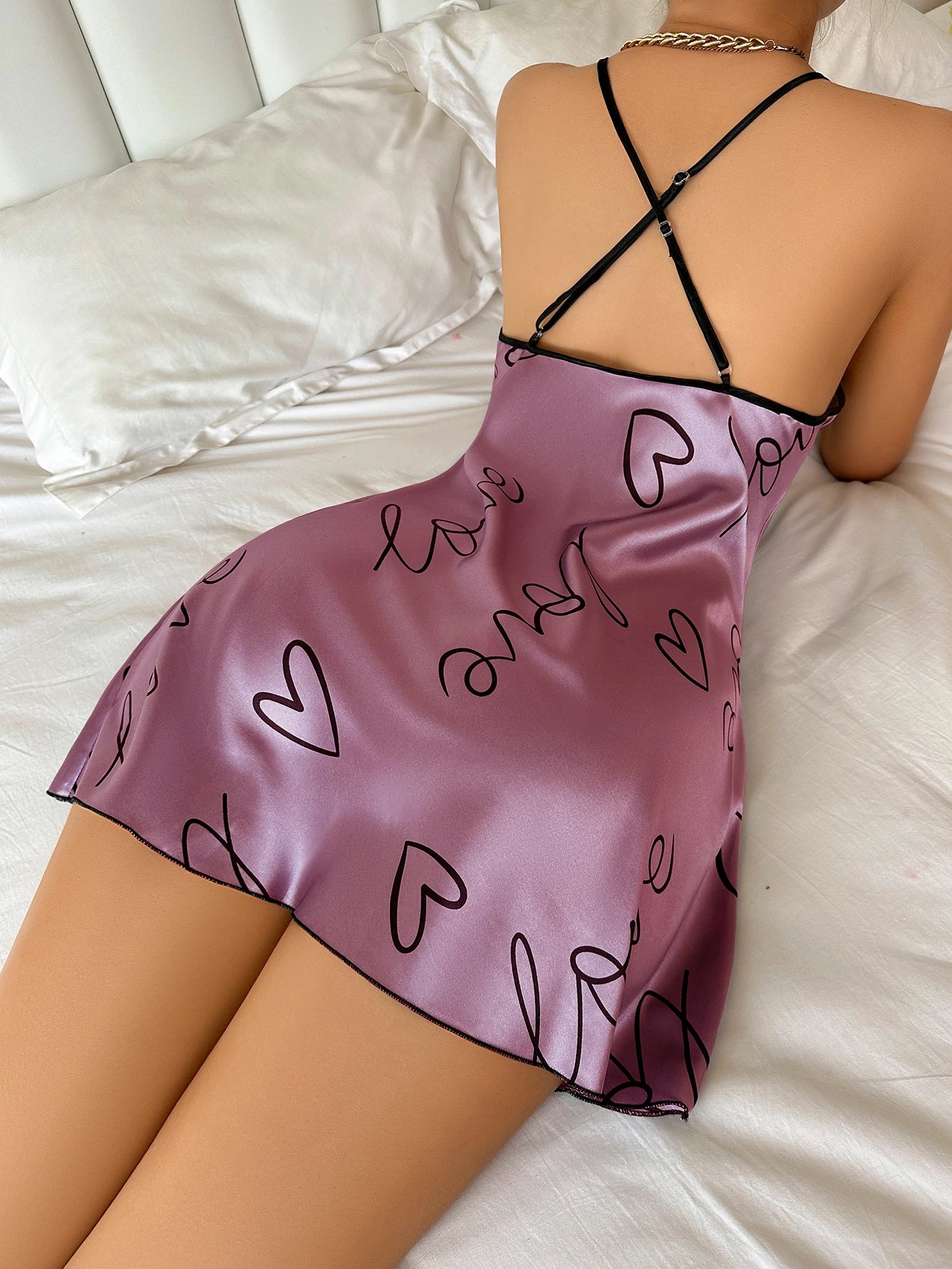 Heart & Letter Print Spaghetti Strap Nightdress — Mini Sleep Dress