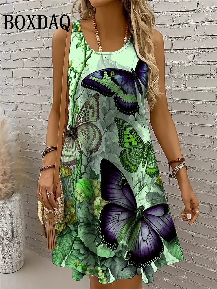 3D Butterfly Print Sleeveless Sundress — Loose Casual Vacation Beach Dress