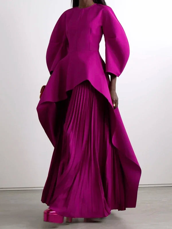 UOOZEE Womens Dresses 2025 New Fashion Elegant Solid Color Split-Joint Tiered Loose Pleated Party Evening Maxi Dress Robe Kaftan