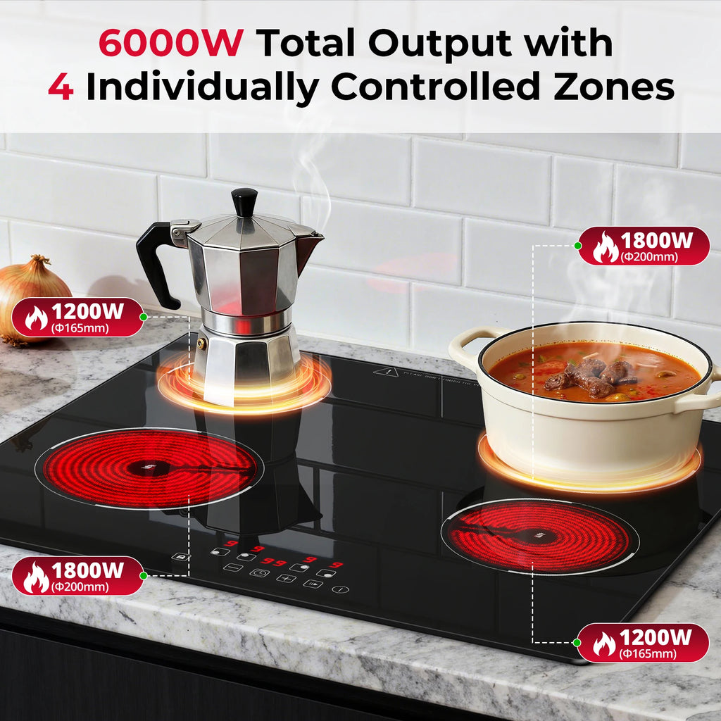 6000W 4-Zone Ceramic Induction Hob – 60cm Black Glass, Touch Control, 9 Power Levels, Timer & Child Lock
