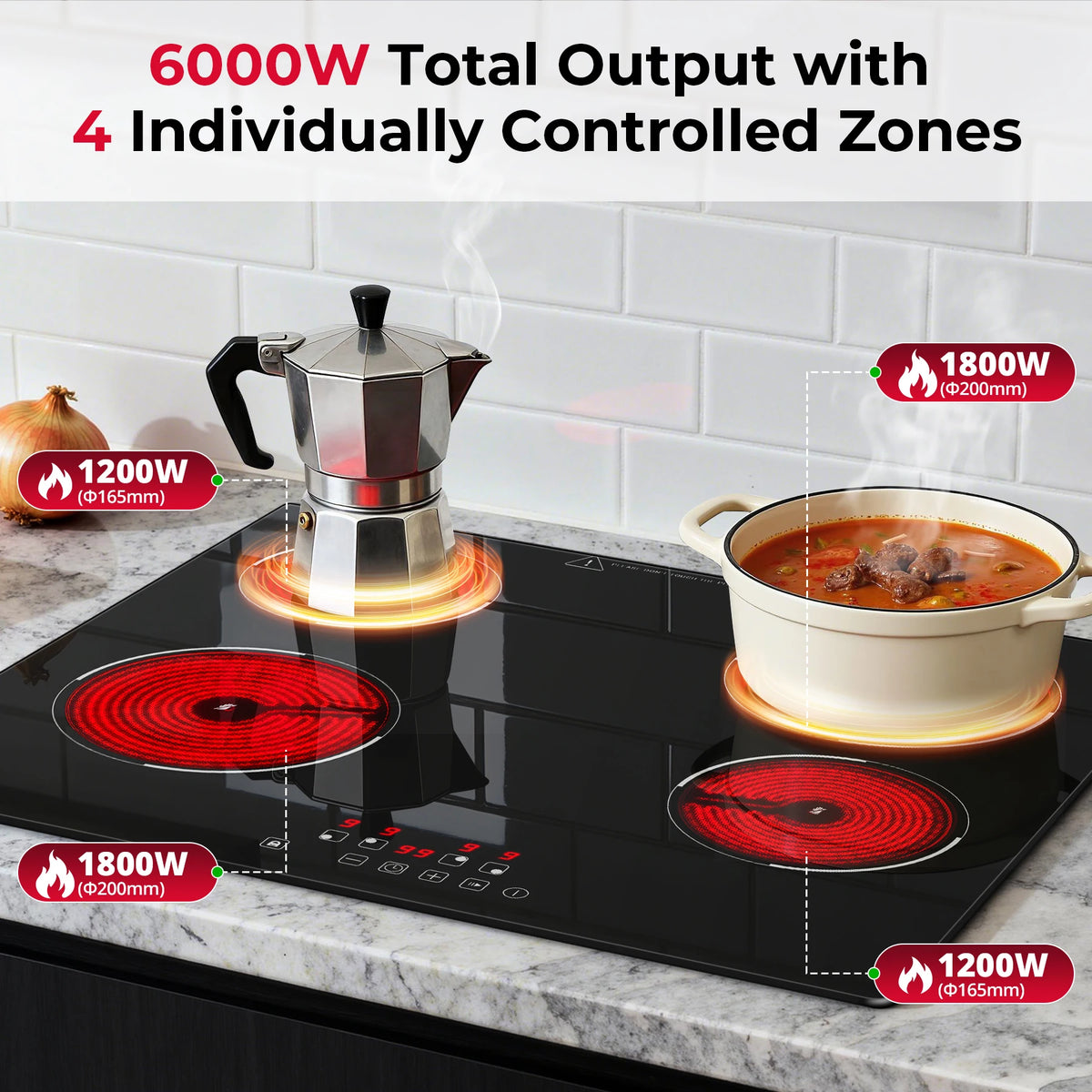 6000W 4-Zone Ceramic Induction Hob – 60cm Black Glass, Touch Control, 9 Power Levels, Timer & Child Lock